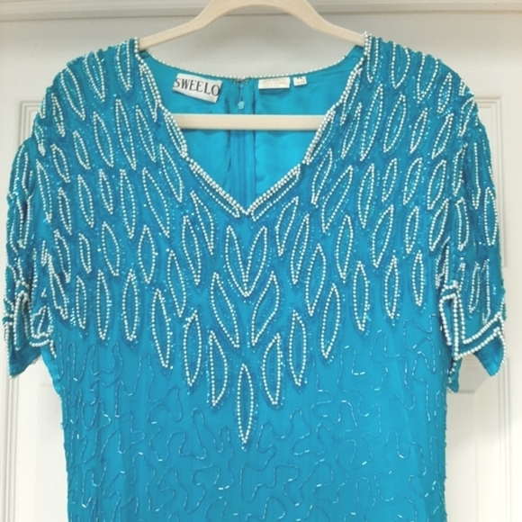 Beaded Midi Lined Dress XL 12-14 Pearl Jawbite Hem Turquoise Aqua Blue ex beads - Picture 5 of 12